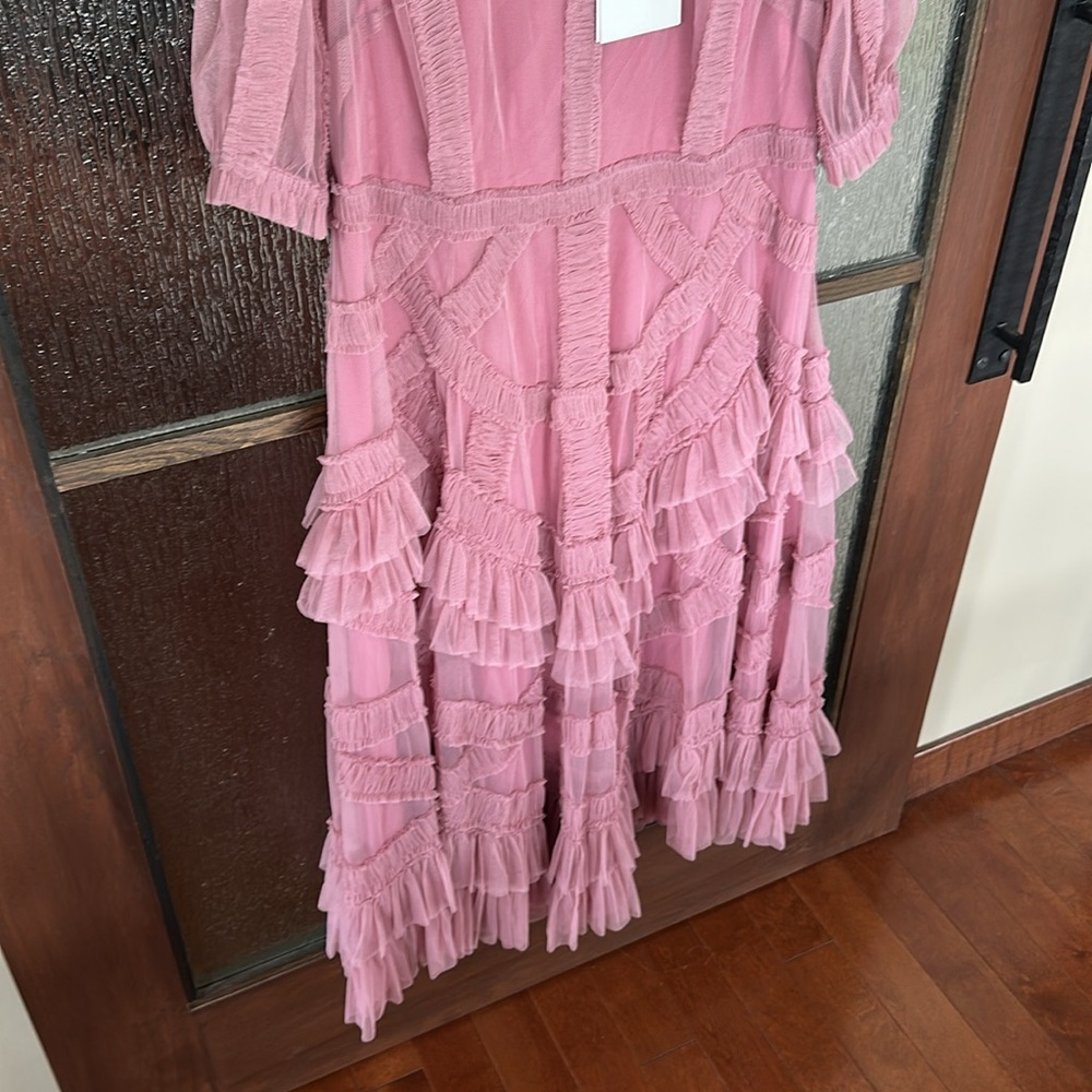 Mac Duggal Mauve Pink Lace-Trim Midi Dress - Picture 10 of 14